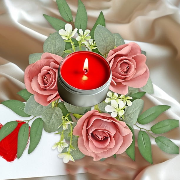 Apmemiss Valentine's Day Rose Candle Rings Wreaths Artificial Flowers with Green Leaves Floral Table Pillar Centerpiece Mini Rings Garland for Wedding Home Party Table Wreath Candle Holder Decor