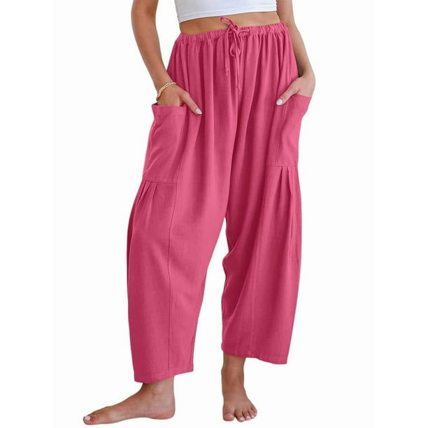 Pantalones Palazzo Harem Informales Holgados con Cordón para Mujer, para Verano, Playa, Viajes, Vacaciones, con Bolsillos. Rosa Roja M
