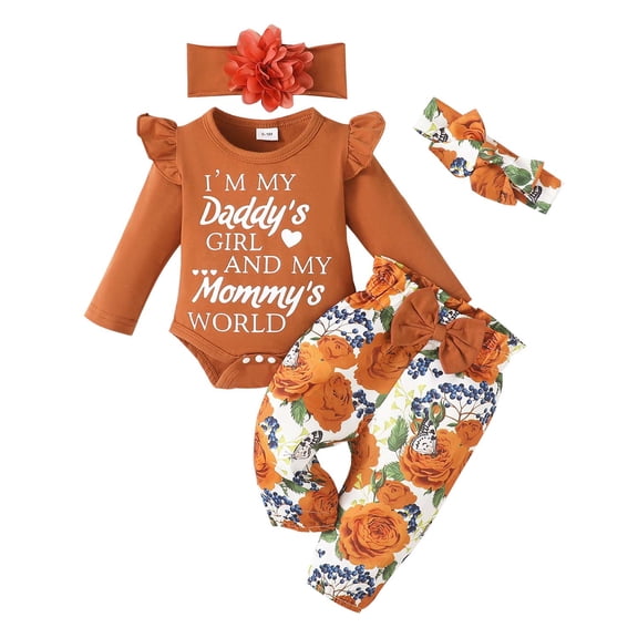KIMI BEAR 0 Months Newborn Baby Girls Outfit Set 3 Months Clothes Ruffle Long Sleeves Romper Letter Print Top Floral Pants with Headbands 4pcs Clothing Orange