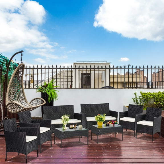 8 Pieces Outdoor Patio Conversation Furniture Set with 2 Loveseat Seats, 4 Single Armchair Sofas, 2 Coffee Dining Table and Padded Cushions, Green, S5540