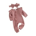 thumbnail image 2 of Musuos Newborn Girl Autumn Jumpsuit 3 6 12M Solid Color Round Neck Flying Sleeve Ruffled Zipper Romper with Bow Headband, 2 of 10