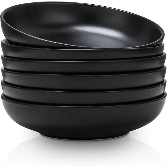 Premium Ceramic 7.8 inch pasta bowls, 26 Ounce large serving porcelain salad soup bowls, dishwasher microwave safe, set of 6 (Black)