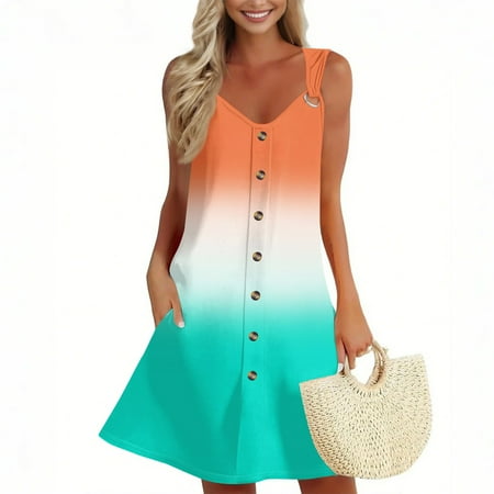 GXIPO Spring Summer Dresses for Women Vacation Sleeveless O-Ring Swimsuit Coverup Boho Knee Length Dress Sundresses Short Dress Pockets Saffron S