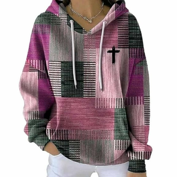 Uootdi Womens Tops Women's Gift Christian Retro Contrast Color Block Faith Print Striped Hoodie Fall Sweatshirts for Women Fait h Cross