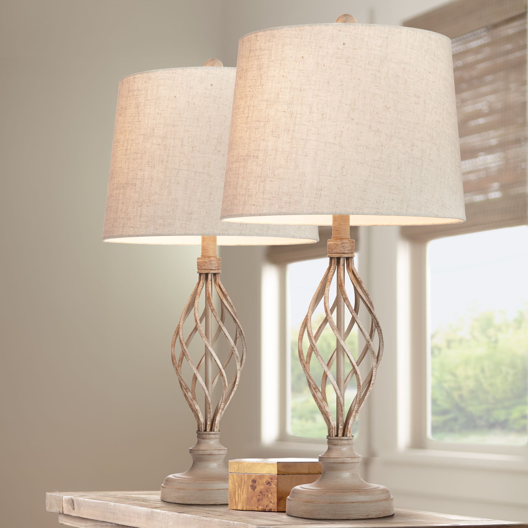 Franklin Iron Works Annie Modern Coastal Table Lamps 28" Tall Set of 2 Weathered Sand Iron Cream Tapered Drum Shade for Bedroom Living Room Bedside