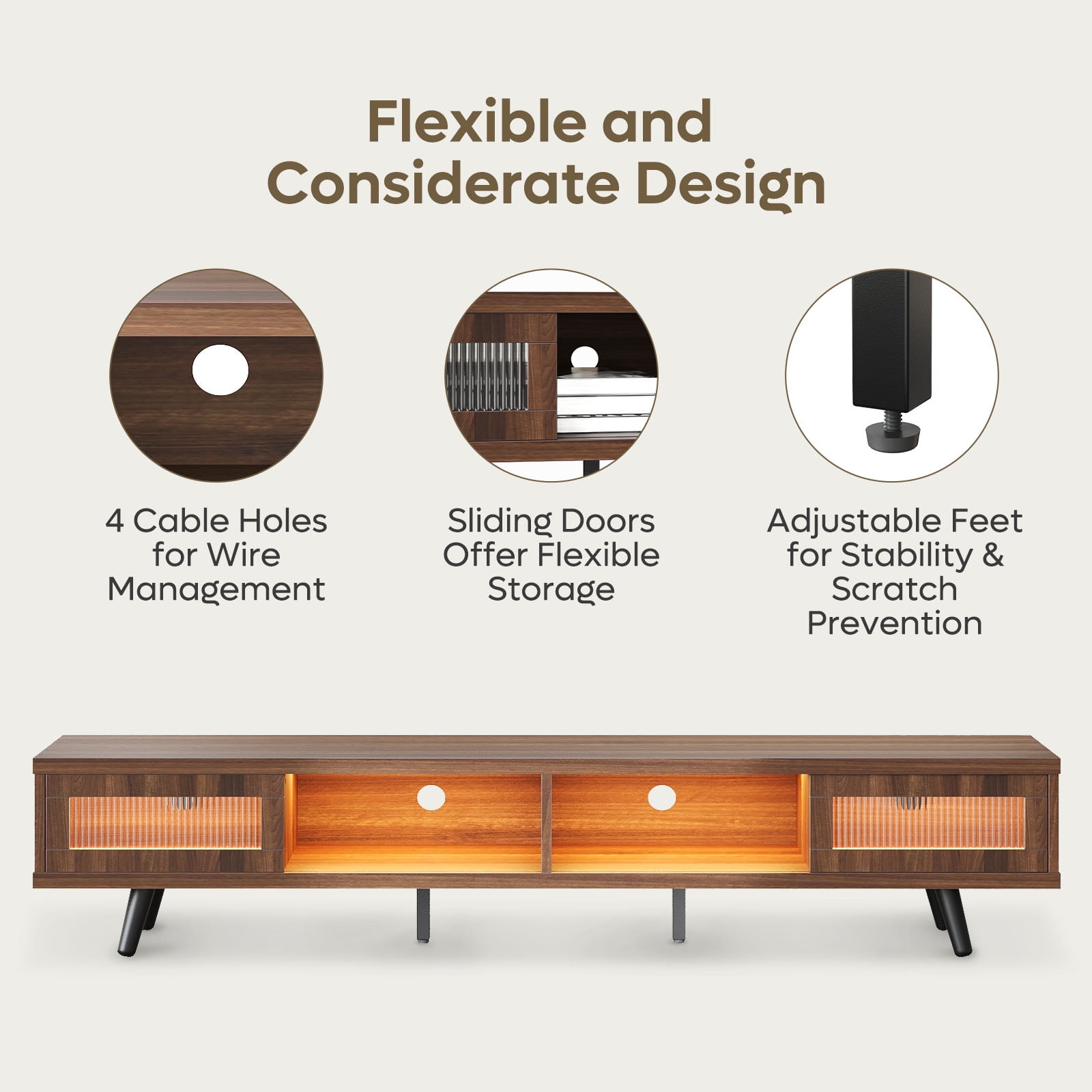 Bestier 70" LED TV Stand for TVs up to 75" TV, Mid-Century Modern Entertainment Center with Sliding Glass Door, Media TV Console Table, Ancona Walnut