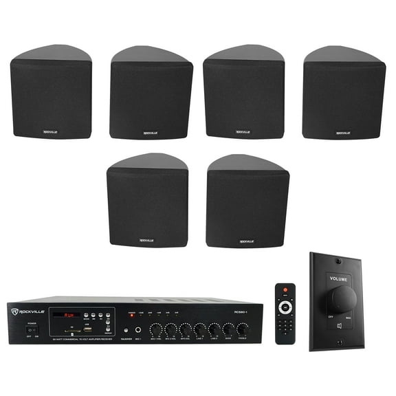 Rockville Commercial Restaurant Amp (6) Black 3.5" Cube Speakers Wall Controller