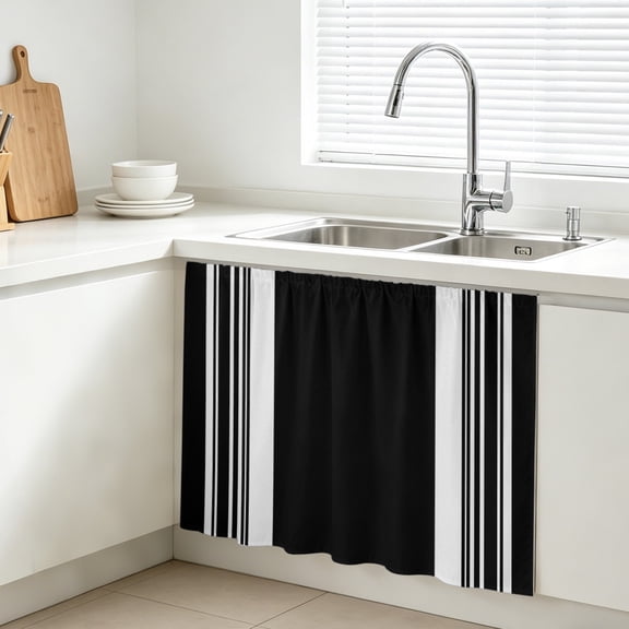 Black Striped Cabinet Curtains for Kitchen 10"W x 11"L, Modern Classic Stripe Rustic Farmhouse Country Under Sink Skirt Magic Tape Short Curtain Decorative Privacy Panel for Bathroom Laundry