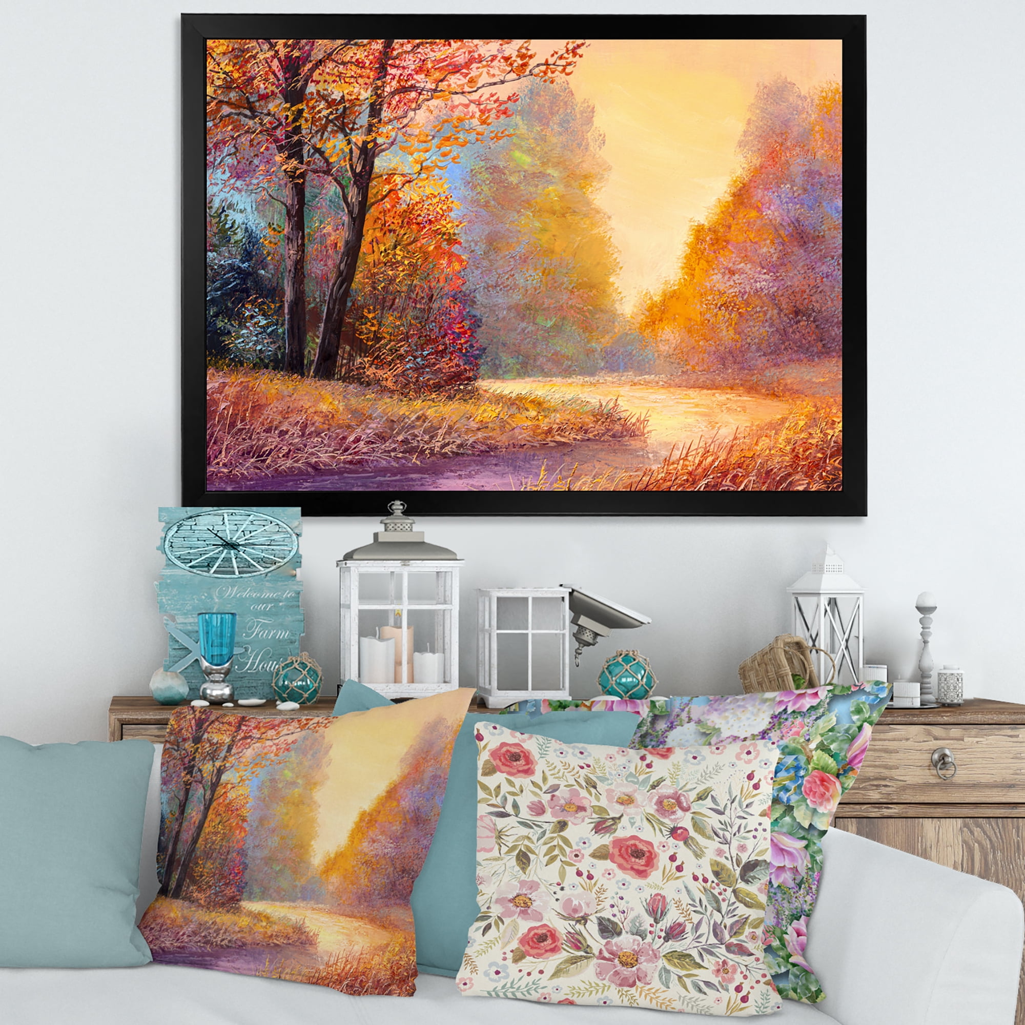 Designart 'The Autumn Forest Orange Leaves Landscape With Path' Lake House Framed Art Print