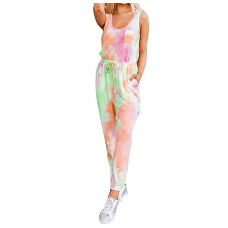 

Tangnade autumn and winter casual trousers for ladies Women SleevelessTie-Dye Long Pajamas Set One Piece Jumpsuit Loose Sleepwear Orange M