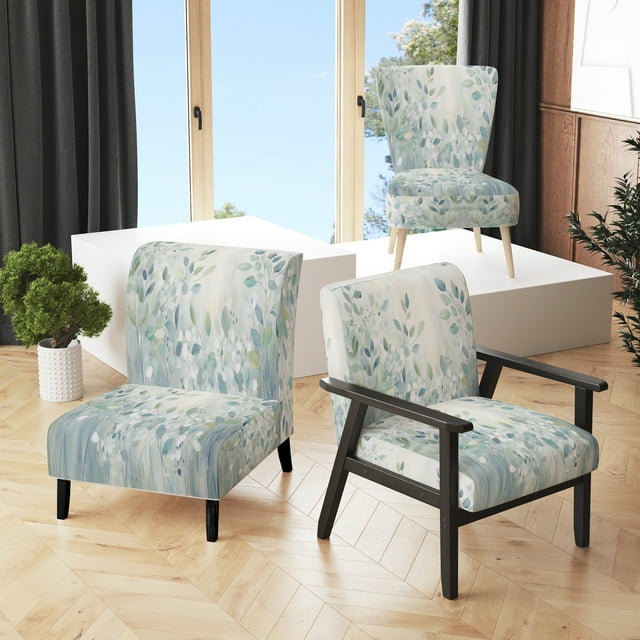 Designart "Blue Botanical flow IV" Blue Abstract Botanicals Upholstered Accent Chair - Modern Arm Chair For Living Room