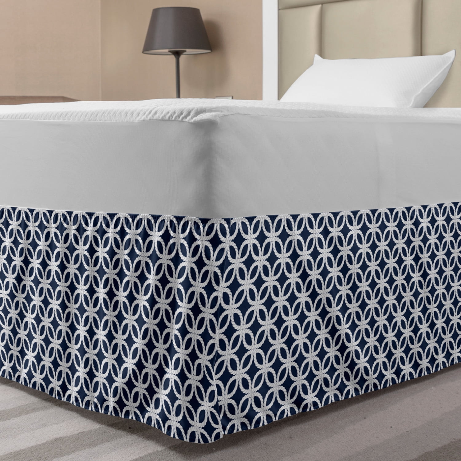 Navy Blue Bed Skirt, Marine Rope in Geometric Pattern Design Ocean