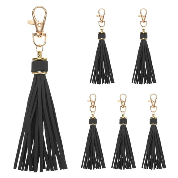 Uxcell 6-Pack PU Leather Tassel 5.9 Inch Small Keychain Tassel Black with Rings for DIY Crafts