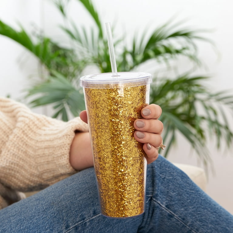 Blush Glam Double Walled Glitter Tumbler - Travel Cup & Straw 24oz, Gold