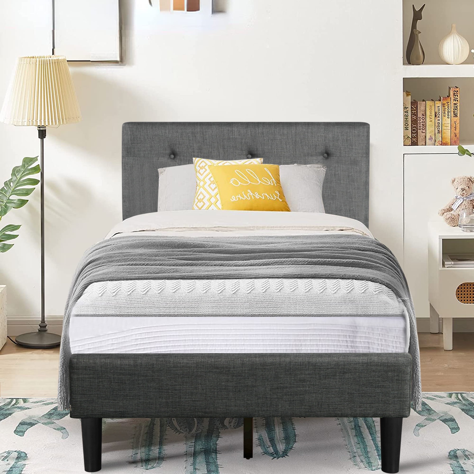 SYNGAR Gray Upholstered Fabric Platform Bed Frame Twin Size with Button