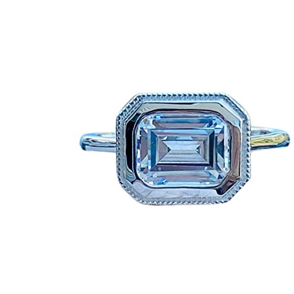 HeartsAndYou 2ct Engagement Ring for Women Emerald Moissanite Milgrain Halo Solitaire 18k White Gold over Silver