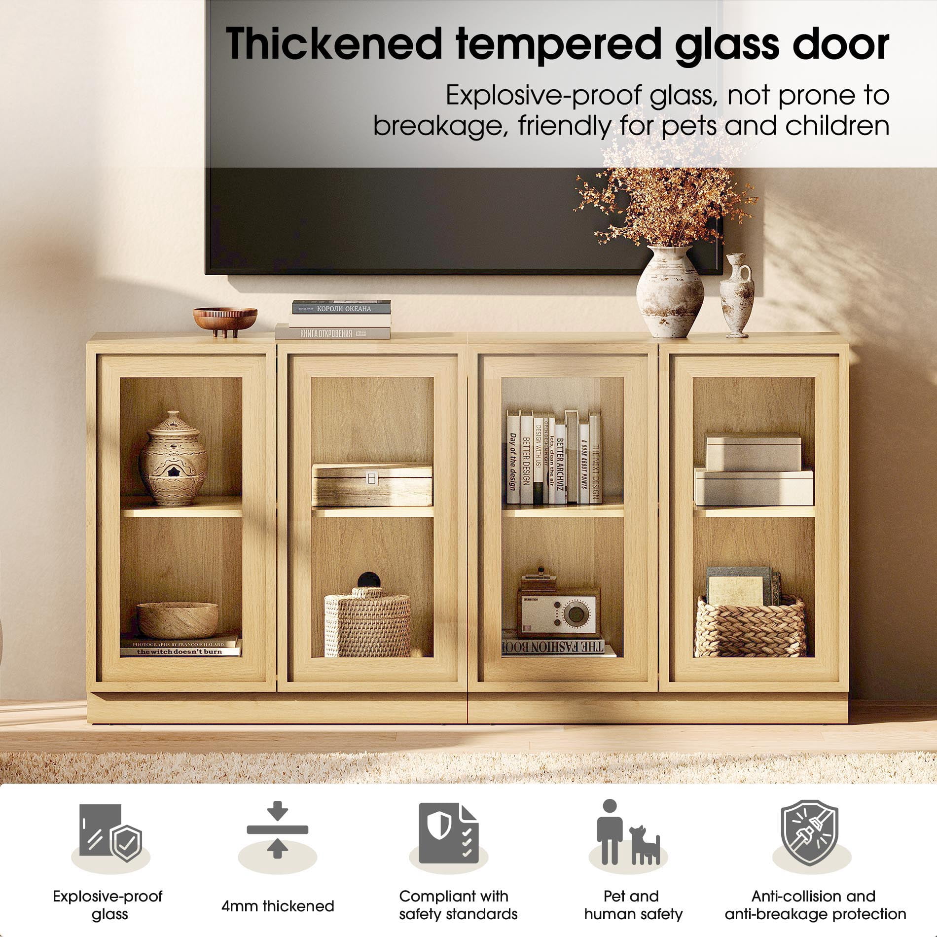 Modern 72" Tall Bookshelf with Glass Doors and Adjustable Shelves, Library Bookcase with Storage Cabinet and Open Shelves,Oak