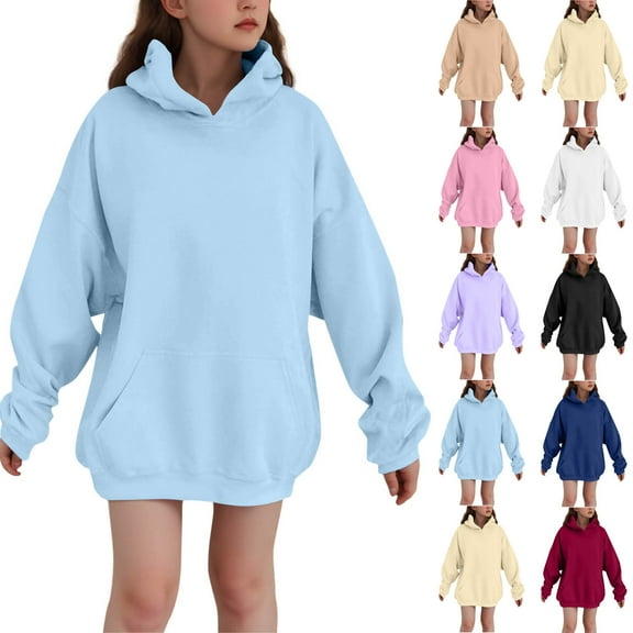 Mwjwdo Oversized Hoodies for Girls Fleece Sweatshirts Casual Pullover Long Sleeve Hooded Top Kids Fall Winter Outfit with Pocket Beige 12-13Years