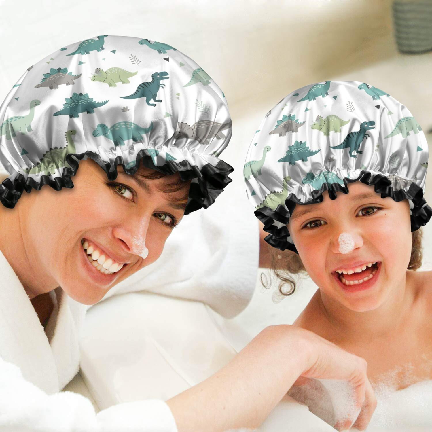 Shower Caps,White Cartoon Dinosaurs Triangles Plants Pattern Waterproof Shower Cap for Women 4 Pieces,Double Reusable Hair Cover for Shower PEVA Elastic Stretch Hem
