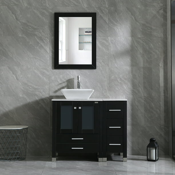 W 36 Inch Bathroom Vanity Wood Cabinet Double Vessel Sink Above Counter Ceramic Square Mirror Black Com - Bathroom Vanity With Sink 36 Inch Clearance