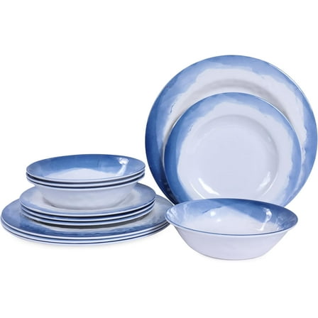 Melamine Dinnerware Sets- 12pcs Melamine Plates and Bowls Set for 4, Suitable for Indoor and Outdoor Use, Blue