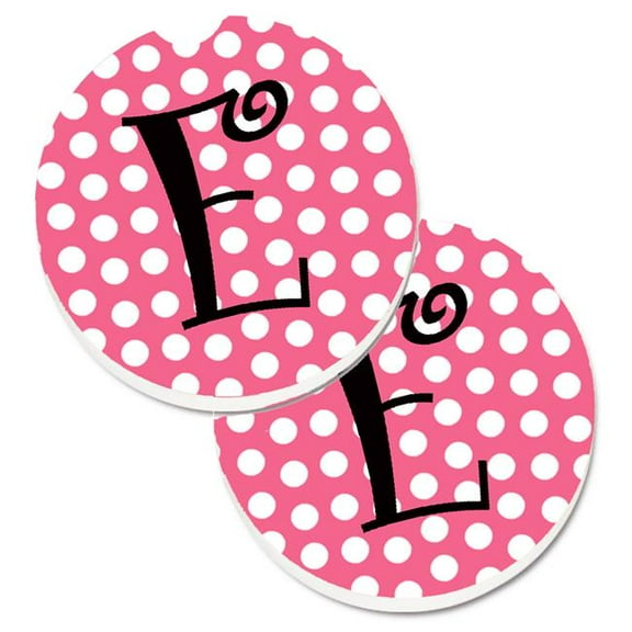 Letter E Monogram Pink & Black Polka Dots Set of 2 Cup Holder Car Coaster