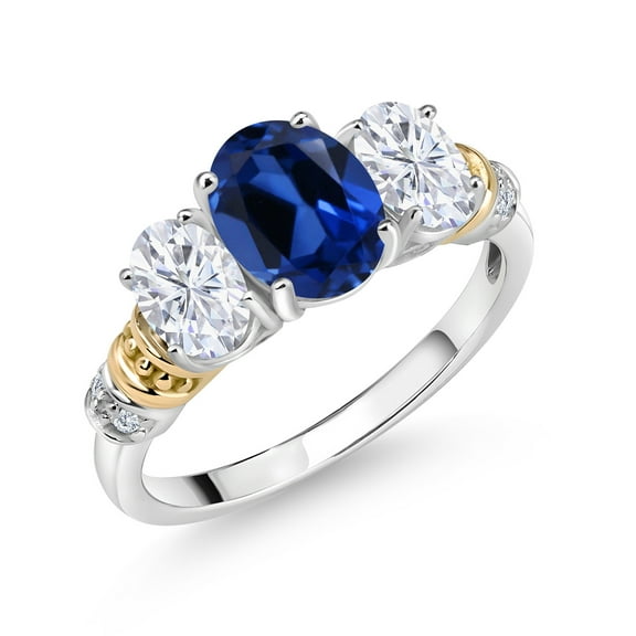 Gem Stone King 925 Sterling Silver and 10K Yellow Gold Oval Blue Created Sapphire White Moissanite and White Diamond 3 Stone Ring for Women (2.63 Cttw, Gemstone September Birthstone, Size 7)