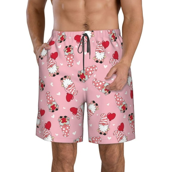 Tebeau Gnome With Heart Print Men's Summer Beach Shorts Lightweight Elastic Waist Drawstring Casual Shorts with Pocket-Small