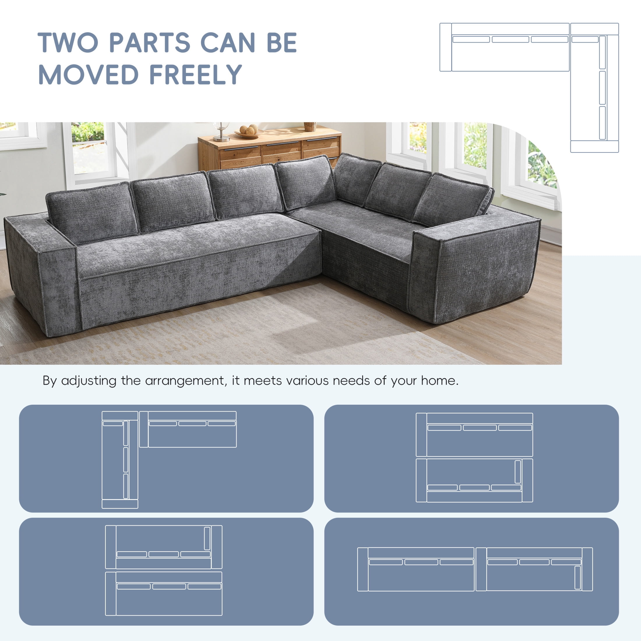Noble House 129.5" Modular L-Shaped Sectional Sofa, Modern Chenille Cloud Couch Set for Living Room, Gray