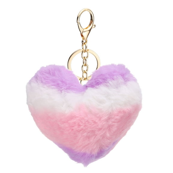 Uxcell Pom Pom Keychain, 10 cm Soft Cute Fluffy Heart Key Ring, Purple-Pink