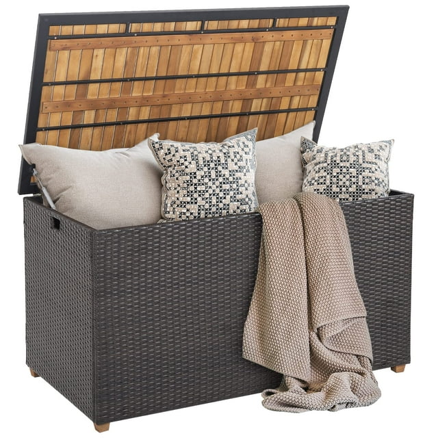 134 Gallon Wicker Patio Deck Box, Outdoor Storage Box with Solid Acacia Wood and Zippered Liner, Outdoor Storage Container Waterproof, for Cushions, and Garden Tools, Mix Brown