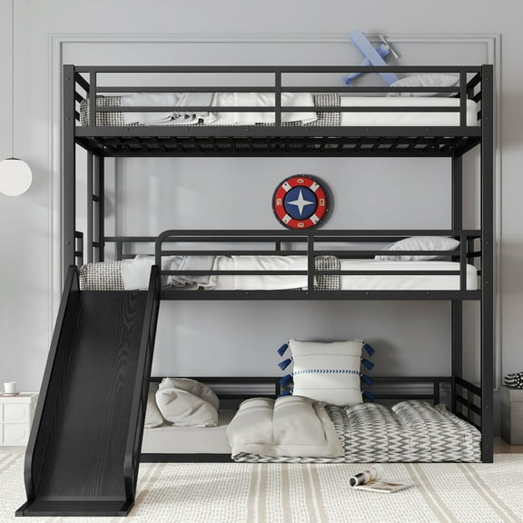 Twin XL over Twin XL over Twin XL Bunk Bed with Slide, Metal Triple Bunk Bed with Safety Guardrails, Heavy-duty Bunk Bed with Noise-reduced Design, Black