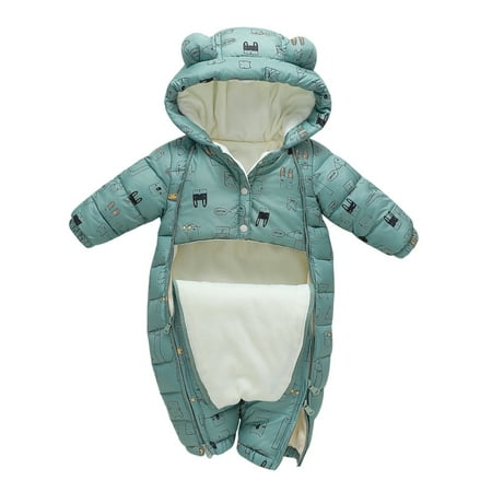 

Glonme Thicken Hooded Jumpsuit Baby Warm Home Puffer Jumpsuits Double Zipper Buttons Winter Outwear Outfits Green 100cm
