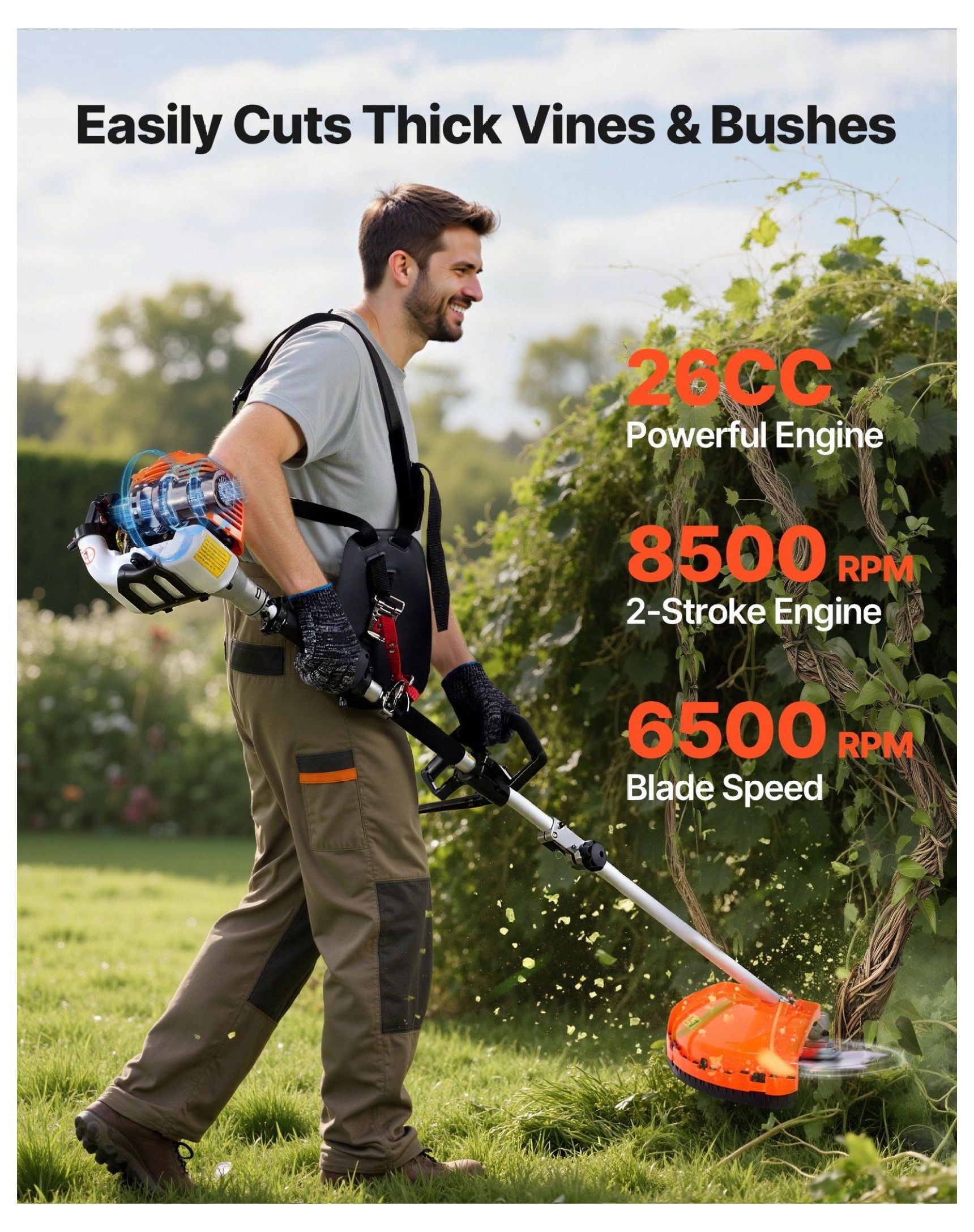 Gas Hedge Trimmer 26cc 4-in-1 Multi-Tool - String Trimmer, Edger, Brush Cutter Set with Safety Gear