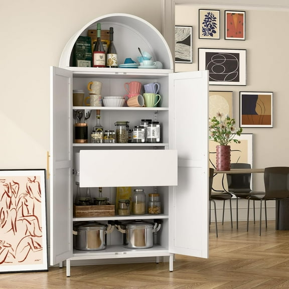 Metal Arched Cabinet with 1 Drawer,72.8" H Display Cabinet with 2 Doors, Arched Bookshelf with Adjustable Shelves for Office,Kitchen, Pantry, Dining Room, Assembly Required,White