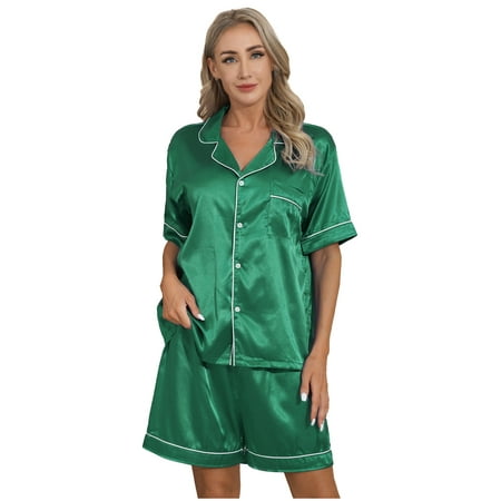 

iiniim Unisex Shiny Satin Summer Sleepwear Pajamas Set Short Sleeve Top with Boxer Shorts M-3XL Dark Green M