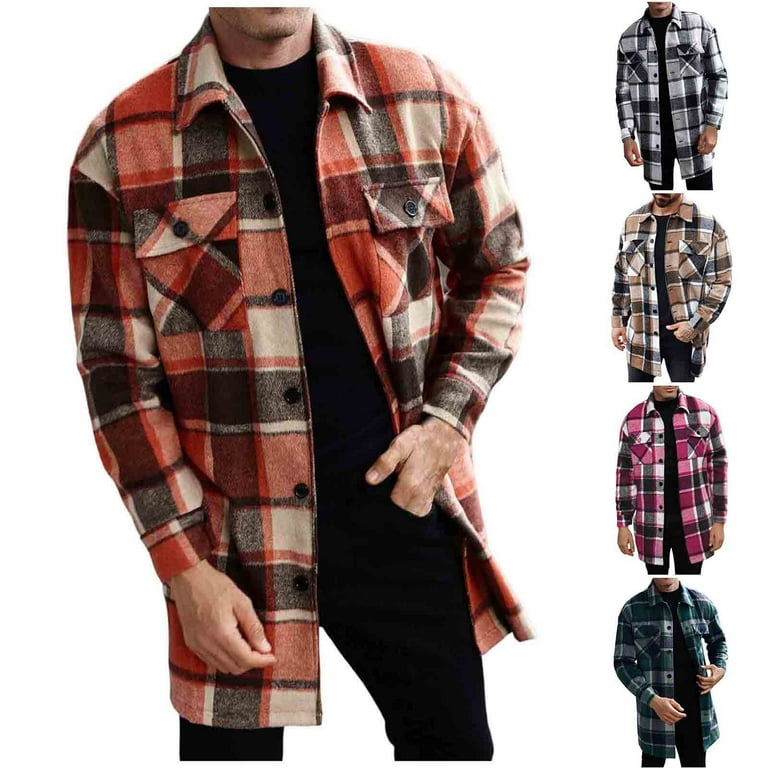 zfhfof Mens Flannel Trench Coat Lapel Collar Single Breasted Plaid