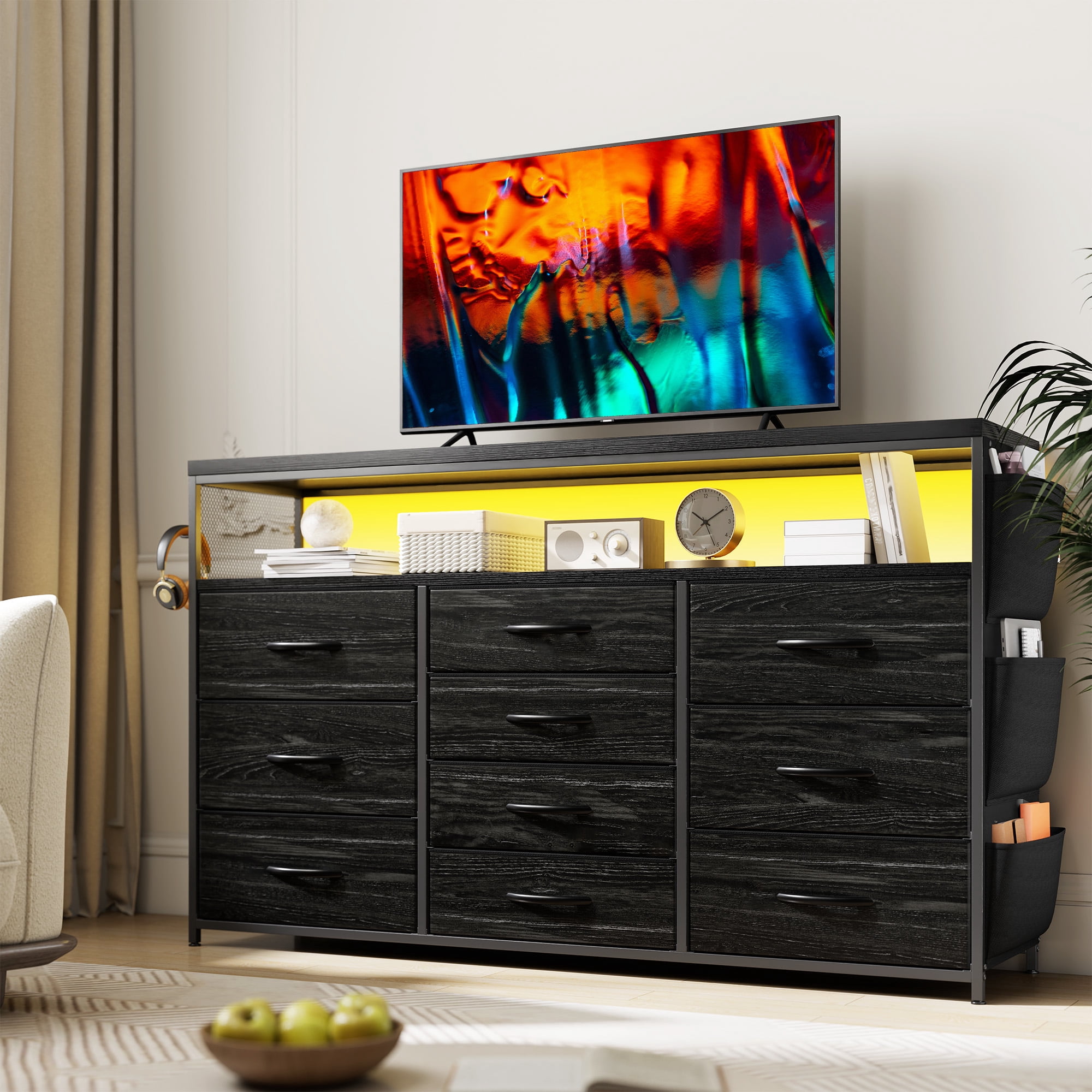 Romorgniz 10 Drawer Dresser,Black Dressers for Bedroom TV Stand with Power Outlets & LED Lights & Entertainment Center,Chest of Drawers with Shelves & Side Pockets & Hook Fabric