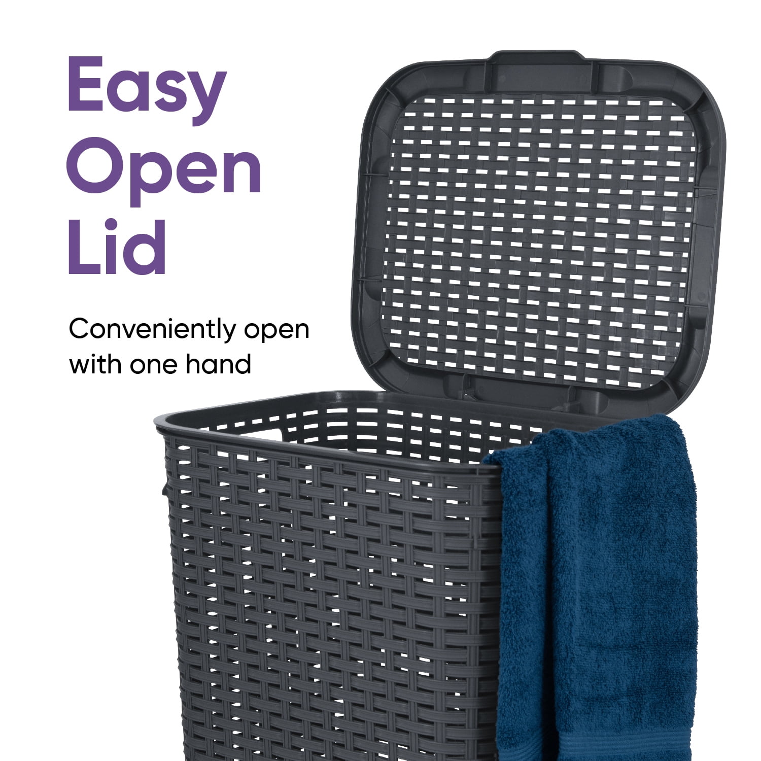 Laundry Basket, Laundry Hamper with Lid, Large 60-liter Wicker Style Hamper with Cutout Handle, to Storage Dirty Clothes in Washroom, Bathroom, Bedroom, or Dorm Room, Grey Color. By Superio