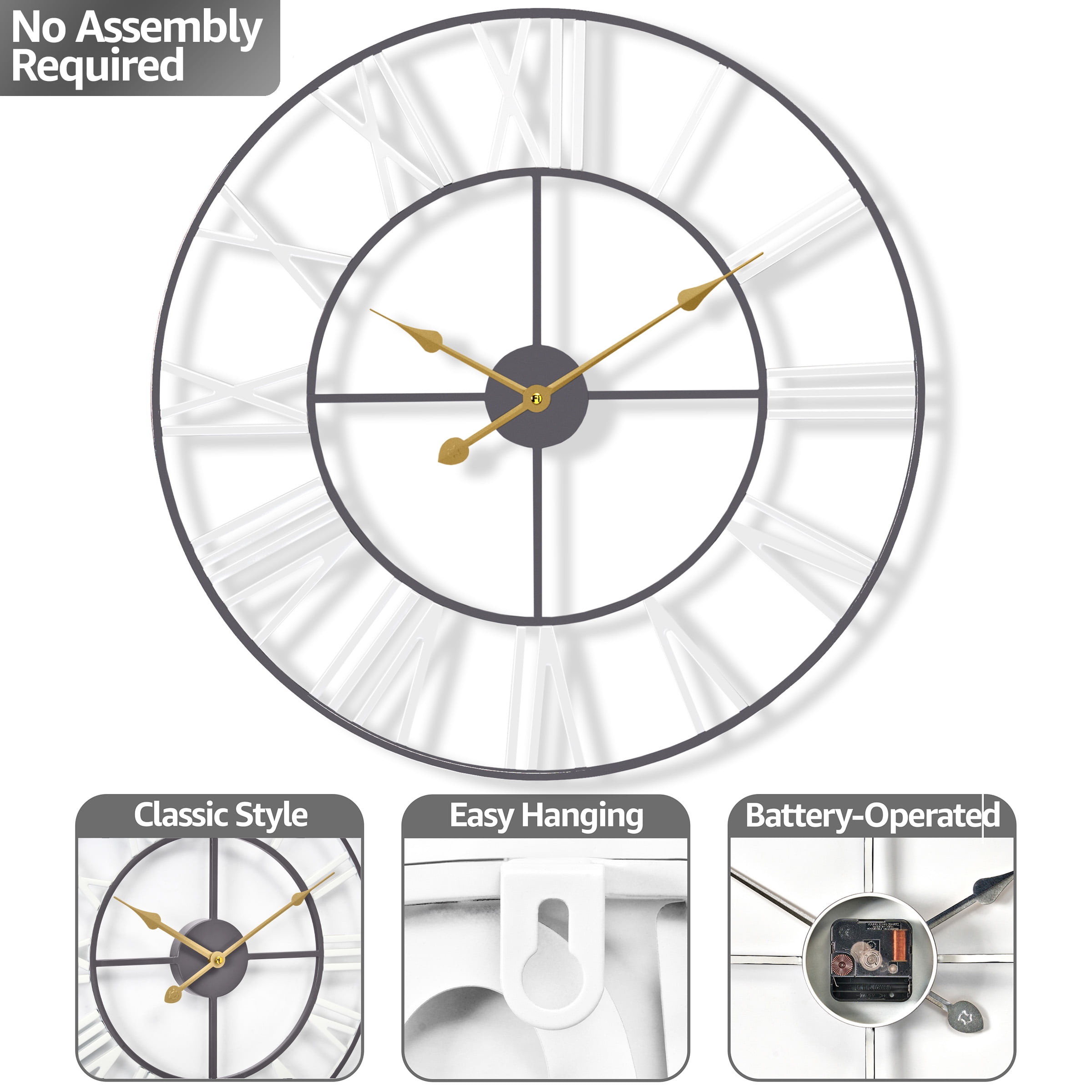 Sorbus 16" Large Wall Clock, White Roman Numeral, Battery Operated, Decorative