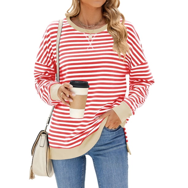 Sudadera Oversize para Mujer, Verano 2025, Cuello Redondo, Rayas, Larga, Aberturas Laterales, Sudaderas con Capucha Y2K Rojo y S