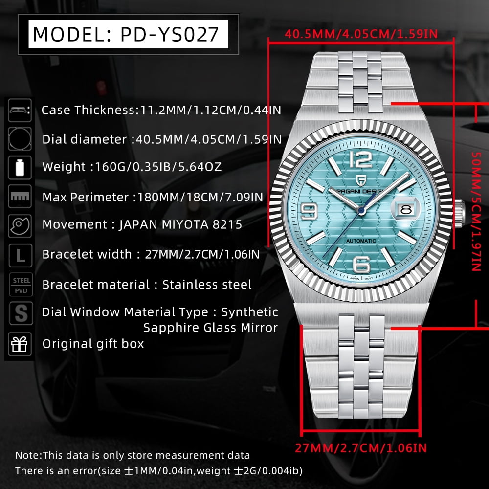 Pagani Design New Men's Automatic Watch Stainless Steel Mechanical Waterproof Wrist Watch for Men, Synthetic Sapphire Dial Glass PD-YS027