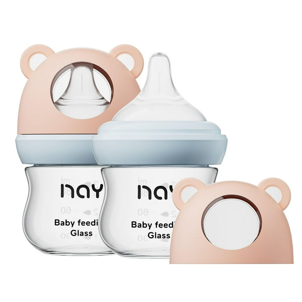 Set de 2 biberones de vidrio yanyoyo 3 oz con flujo lento y sistema anti-cólico