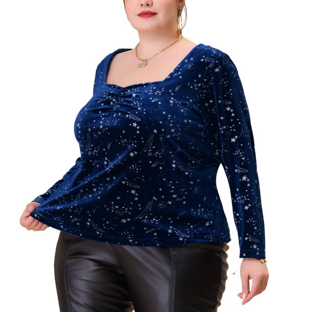 Plus Size Blouses for Women Sweetheart Neck Long Sleeve Stars Velvet Top 4X Dark Blue