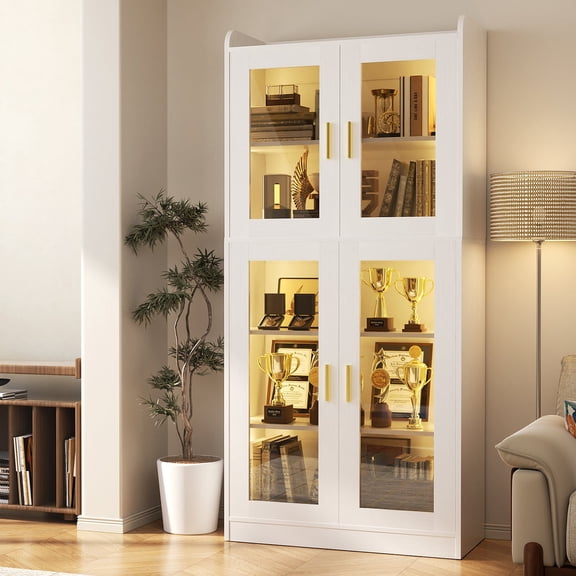 iSunirm Display Cabinet with Glass Doors - 67.4'' Tall Bookcase with RGB LED Lights & 5 Adjustable Shelves for Living Room, Bedroom, White