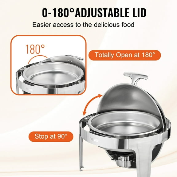 Stainless Steel Roll Top Chafing Dish Set, 6 Quart 2 Pack, Round Catering Warmer with 2 Full Size Pans, Lid, Water Pan Stand & Fuel Holder, Buffet Server for 5  People Each