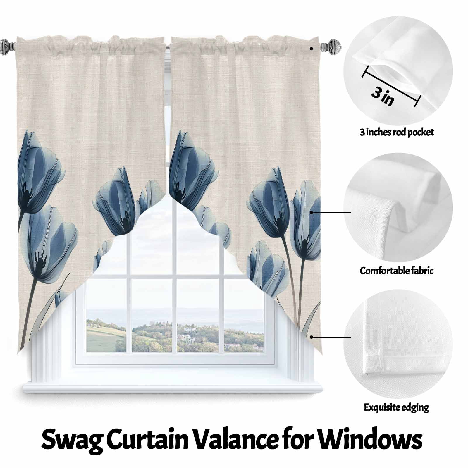 Navy Blue Swag Valances for Windows 2 Pack Tulip Minimalist Modern Flower Art Linen Background Swag Kitchen Curtains 45 Inches Long Rod Pocket Short Window Treatment for Kitchen Bathroom 36"x45"