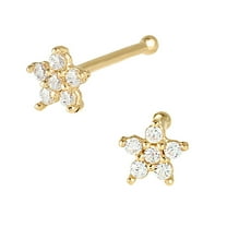 Solid 14Kt Yellow Gold Flower CZ Nose Bone Stud Nose Ring - CZ Accented 22G Ball End Nose Stud Ring - Unisex Nose Piercing Jewelry