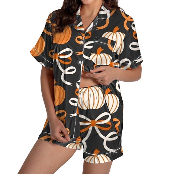 Summer Sales Womens Pajama Sets Funny Pumpkin Print Short Sleeve Button Top Loungewear Halloween Pajama Sets for Women 2 Piece