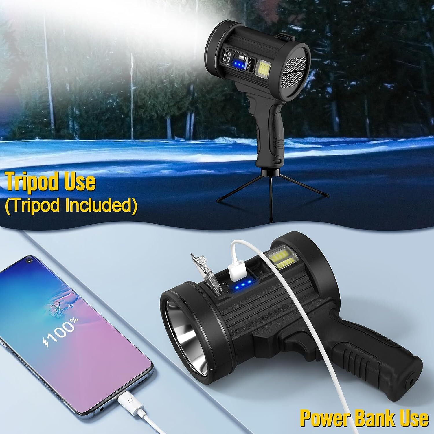 Rechargeable Handheld Spotlight, LED Handheld Flashlight with Solar Panel, Waterproof Spotlight for Camping
